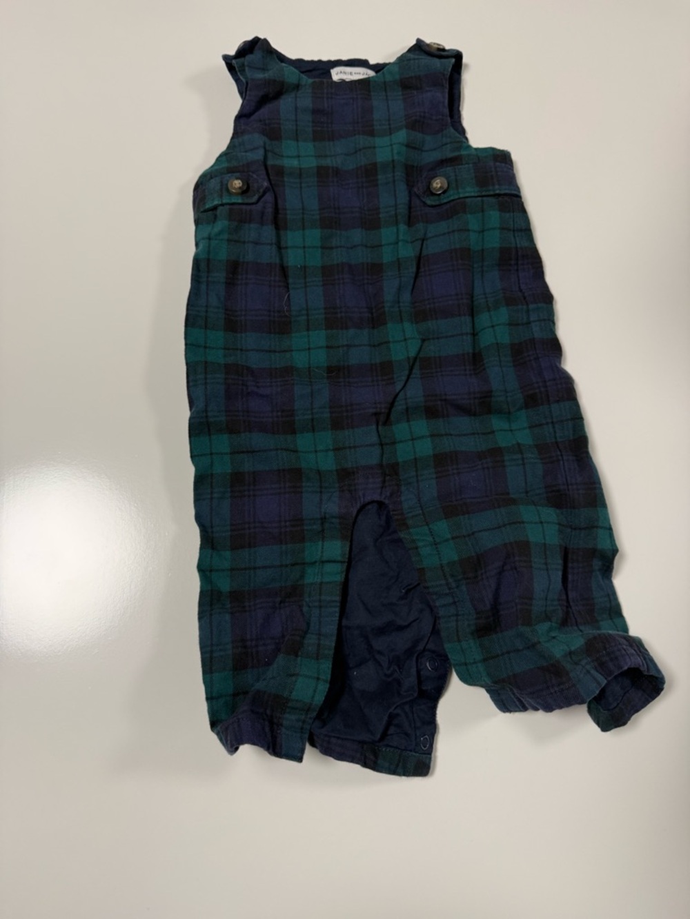 Janie and Jack Green & Navy Plaid Overalls